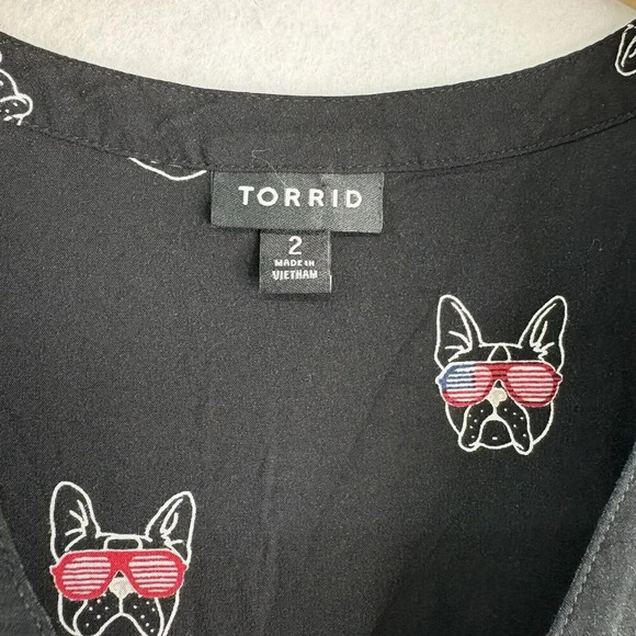 Torrid Womens Size 2 French Bulldogs Button Down Black‎ Short Sleeve Blouse - Picture 5 of 8